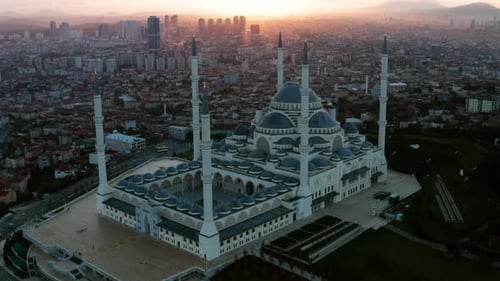Massive Camlica Mosque At Sunrise With Panoramic View Of Istanbul City In Turkey. - aerial ascend