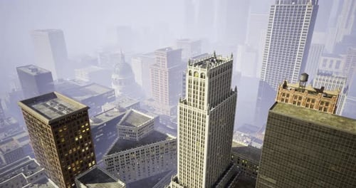 Stunning Aerial View of a City Skyline Enveloped in Morning Mist