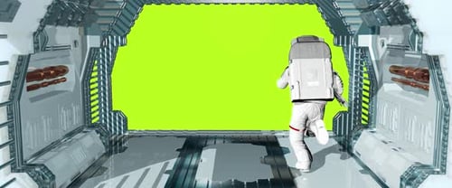 Astronaut springt aus futuristischem Raumschiff in Richtung Greenscreen
