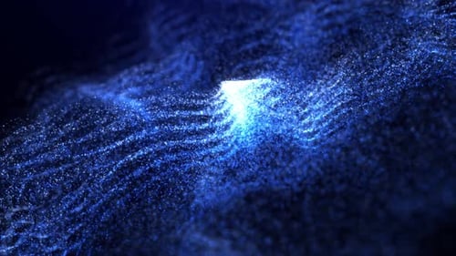 Une onde lumineuse abstraite provenant de particules et de points se déplace sur un fond bleu, visualisation de données volumineuses