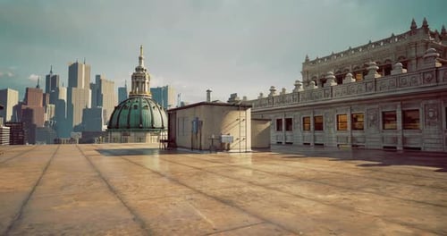 Vista única desde la azotea de un edificio histórico con el horizonte de la ciudad moderna como telón de fondo