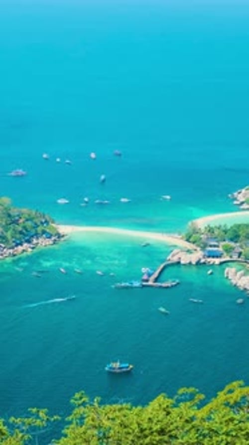 Panoramic Aerial View of Nang Yuan Island Koh Tao with Three Connected Islets White Sandbar
