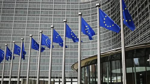 European Union Flags Waving in Front of Building
