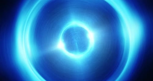 Orbe et anneaux bleus intenses, idéaux pour les boucles VJ à BPM élevé. Rendu 3D