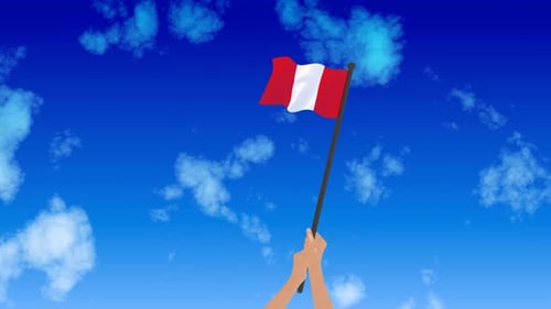 Hands Holding Waving Peruvian Flag Animation on Blue Sky