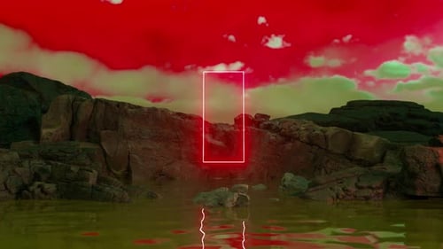 Neon glowing rectangular portal floating above water surface near rocks