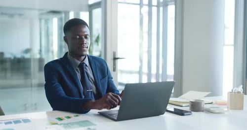 Employee, face and man with laptop, office and financial analysis on website