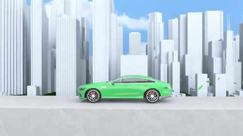 Green Car Driving in Modern City with Eco-Friendly Symbols