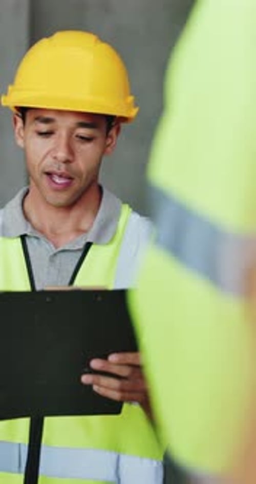 Architecture, contractor and man with clipboard, construction site for building project and talking