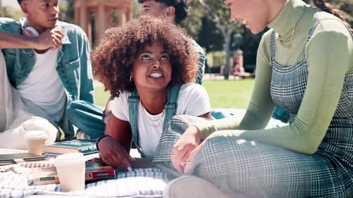 Happy woman, students and relax with coffee on grass field or park for conversation