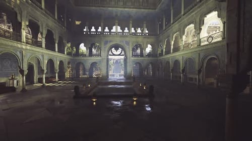Spacious Illuminated Auditorium with Soaring Arches and Central Fountain