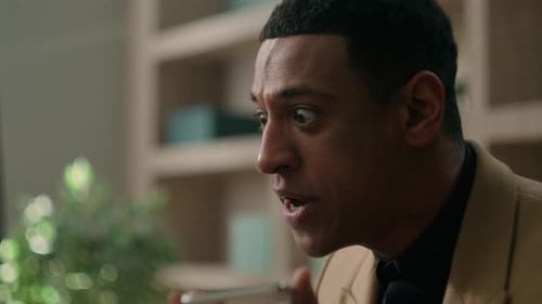 Angry Mad Businessman Business Investor Argue Emotional at Phone African American Man Office