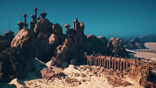 Archaeologist and Travelers Explore Abandoned Sandstone Fortress in Desert