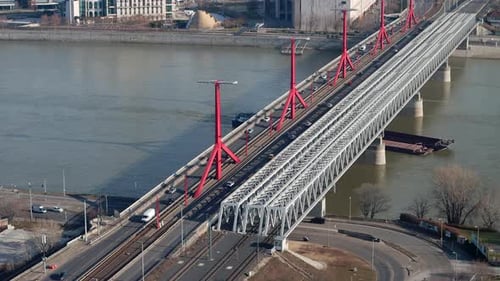 Rakoczi Bridge Across Danube River In Budapest, Hungary. POV From MOL Campus Skydeck. high angle sho