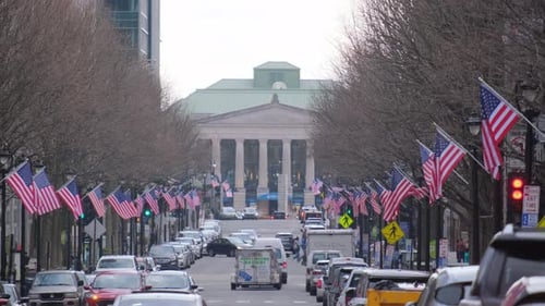 USA City Street with Cars and Flags Surrounded By Buildings Trees and Noisy Crowd Under Clear Sky