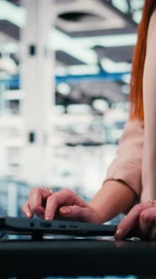 Vertical Video Close Up of Engineer Typing on Laptop in Server Farm