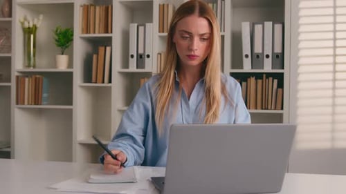 Businesswoman Working with Laptop Office Project Writing Idea Notes Caucasian Woman Worker Suffer