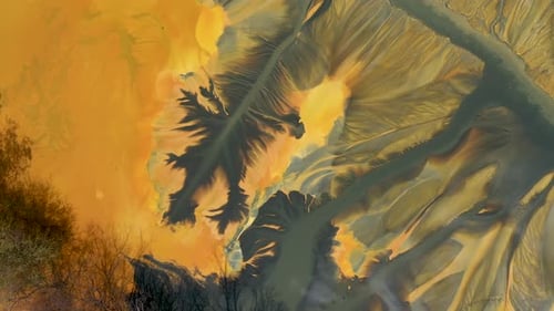 Abstract aerial view of colorful acid mine water drainage in decanting lake. Natural background