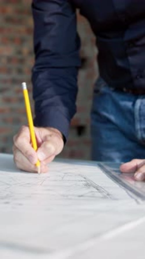 Architecture, drawing and hands of man with blueprint, design and layout for building project