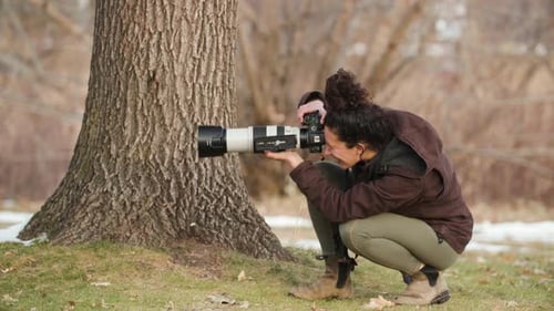 Woman wildlife photographer is filming next to an oak tree in a city park