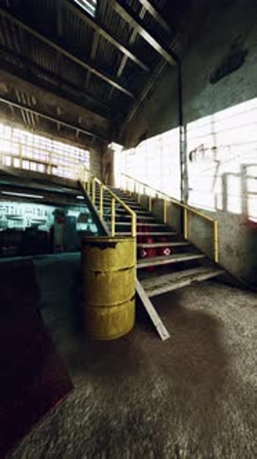 Room With Stairs and Yellow Barrel