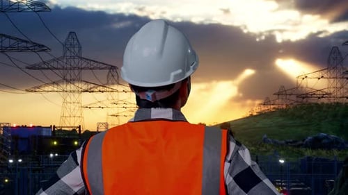 Close Up Side View Of Asian Male Engineer Working On A Laptop Near High voltage tower