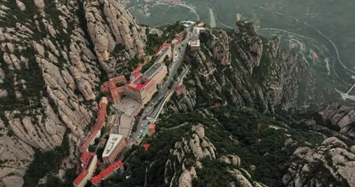 Aerial View of Saint Mary's Monastery on Montserrat Mountain in Catalonia