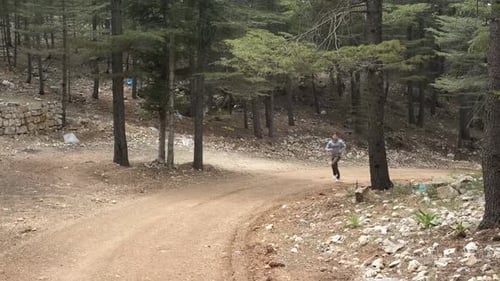 Young Man Running on Forest Trail