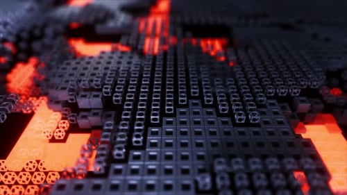 Animação 3D de uma paisagem digital com padrões brilhantes em forma de lapela entre blocos Techgrid