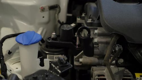 Closeup Under the Hood of the Car Generator Engine Air Filter Battery
