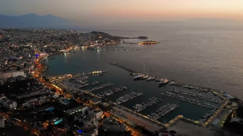 Drone general view of Kusadasi coast at sunset