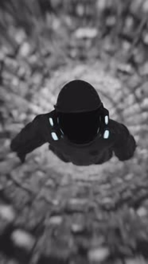 Futuristic Hooded Figure Journeying Through Abstract Space Tunnel