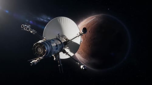 Futuristic Spacecraft Orbiting Red Planet in Deep Space