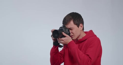 Happy Guy Photographer Professional Shoots Model in Studio Behind the Scenes