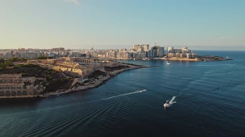Aerial view of La Valletta downtown at sunset in Malta.