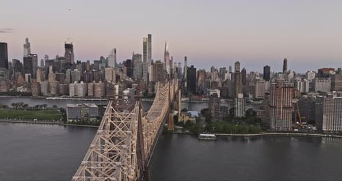 NYC New York Aerial v362 panoramic flyover Queensboro bridge capturing Roosevelt Island, East river,