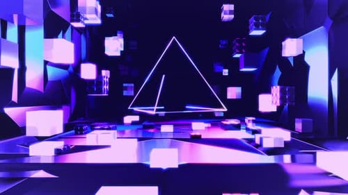 Glowing purple cubes float around triangle
