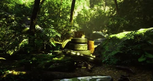 Nature Scene with Stacked Tires and Wooden Barrels in a Vibrant Forest