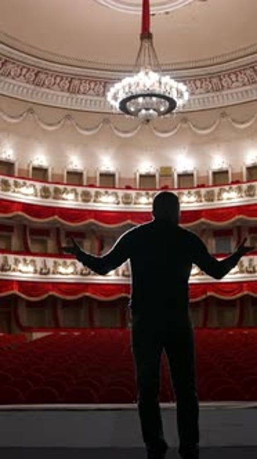 Empty theatre auditorium cinema or conference hall. Actor on stage in front of empty chairs.