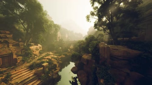 Mystical Jungle Landscape Serene River Scene with Historic Structures