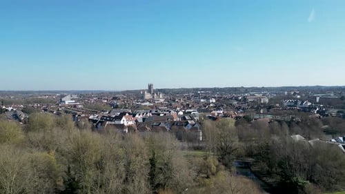 Canterbury Cathdral with blue sky and no clouds drone shot