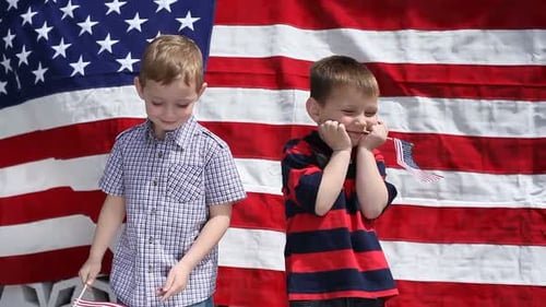 Two Young Boys with Flags in Front of Flag