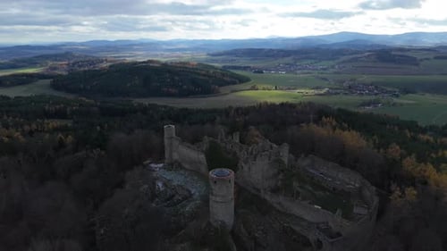 Aerial video above Helfenburk u Bavorova castle ruins aerial view in Czech Republic