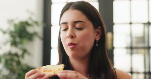Happy woman, eating and pizza with bite, fast food or takeout for meal, snack