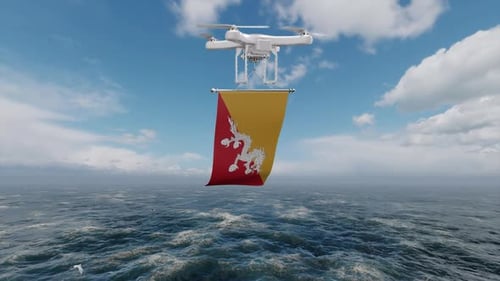 Drone survolant l'océan avec le drapeau du Bhoutan