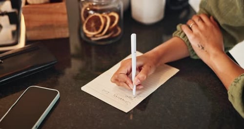 Home, hands and person with paper for grocery list, planning and writing items for shopping by