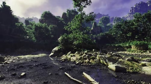Lush Forest Valley with Flowing Water and Subtle Sky Motion