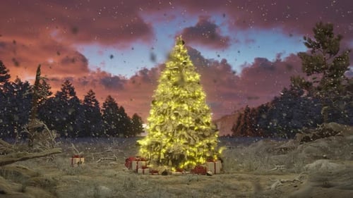 Magical Christmas Tree in Snowy Forest with Presents