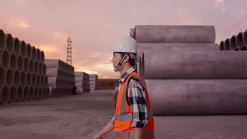 Asian Male Walking with Concrete Pipes