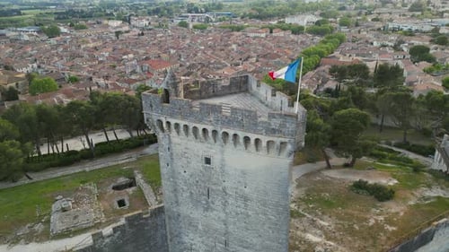 Aerial View of French Castle Tower with Flag